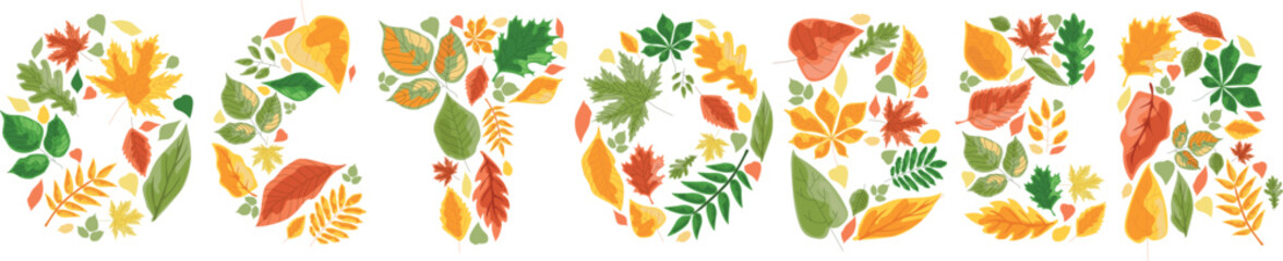 The word October is made of vector yellow autumn leaves, the time of the year. background for decoration, October 31, Halloween.