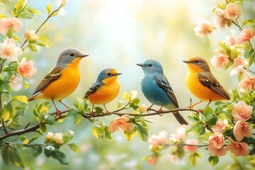 Obraz premium Family Of Birds Sitting On A Delicate Branch, Surrounded By Fresh Green Leaves And Colorful Spring Flowers