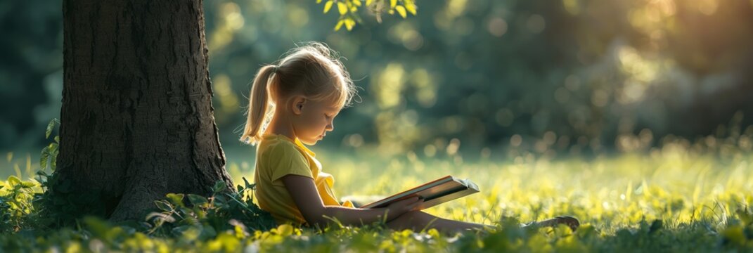 Child reading book outdoors under tree in sunny nature, promoting early literacy and love for books, ideal for educational and inspirational content.