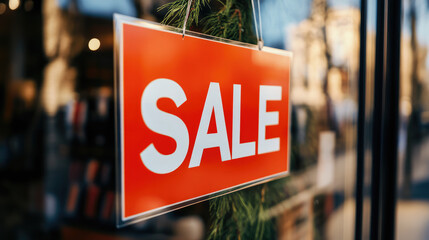 sale sign on the door of the shop with the christmas wreath 