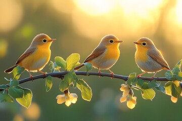 Fototapeta premium Three Small Birds With Bright Feathers Perched On A Leafy Green Branch