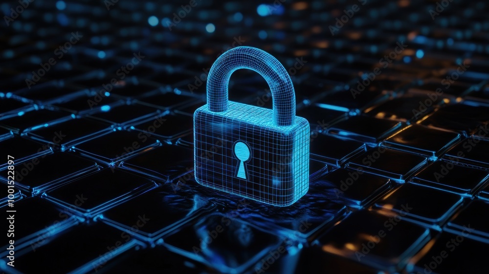 Poster cyber security: digital lock on a grid