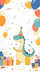 Fototapeta premium A dinosaur in a party hat joyfully stands among balloons and gifts, celebrating a birthday