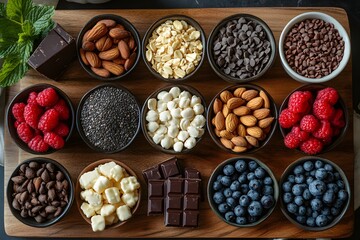 Flat Lay Of Superfoods Including Mixed Nuts, Seeds, Dark Chocolate, And Fresh Berries