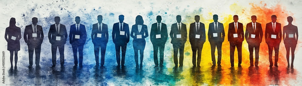 Aufkleber a diverse group of professionals stands in a line against a colorful abstract background, reflecting