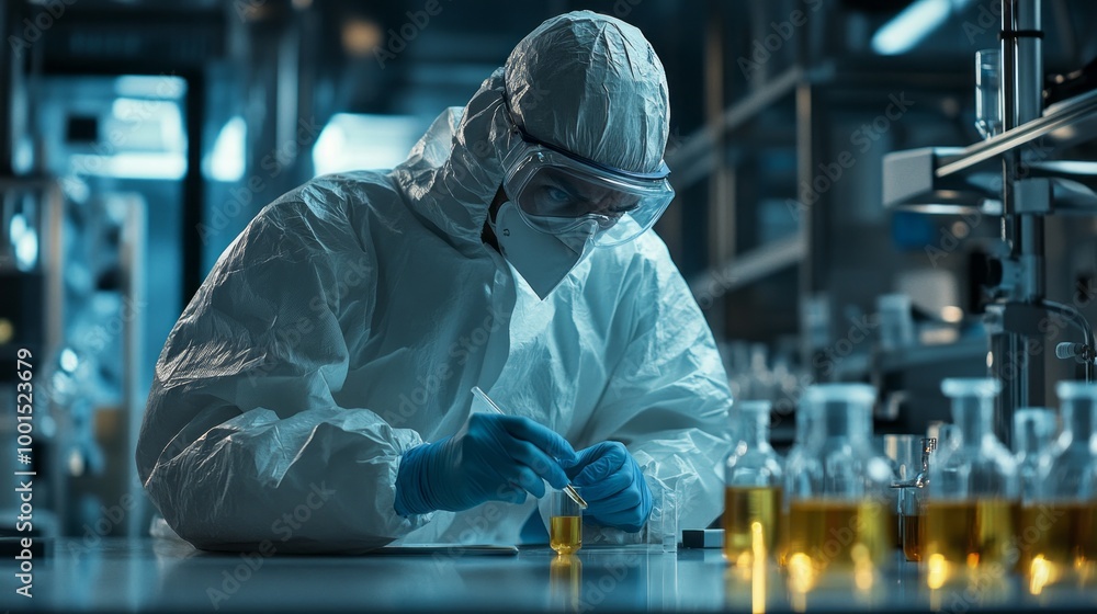 Poster A scientist in a lab coat and gloves is working with a vial of liquid