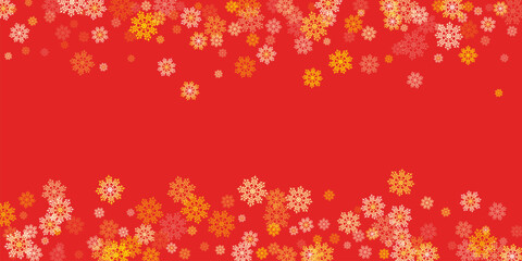 Red christmas background with de-focused lights and falling snowflakes Fun Christmas Pattern of xmas ornaments and icons.