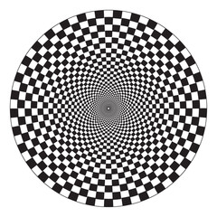 Rounded geometric chess pattern in black color on white background. Twisted race pattern. Abstract checkerboard seamless vector illustration.