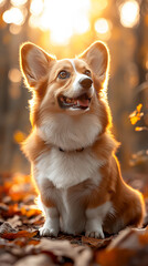 Cute corgi dog smiling in an autumn forest with sunlight and orange leaves on the ground