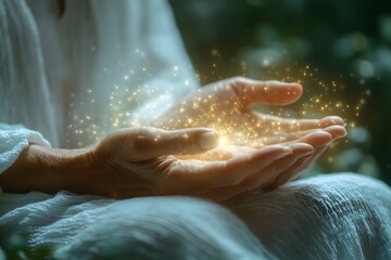 Fototapeta premium Reiki Healing Session, Emitting Soft, Glowing Energy Beams.