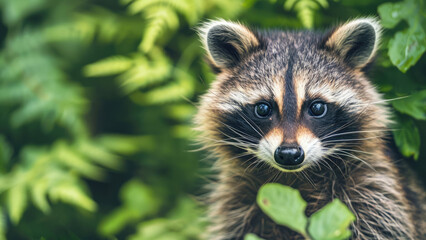 Naklejka premium Curious raccoon peeking through foliage in a green forest