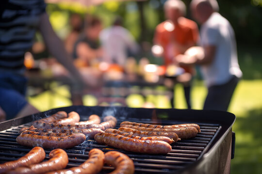 Sausages on a grill at an outdoor barbecue with friends during a summer cookout party.