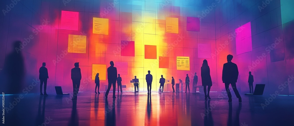 Aufkleber a vibrant scene features silhouetted figures against a colorful backdrop with glowing post-it notes,