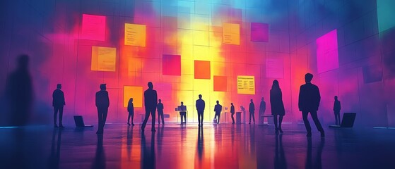A vibrant scene features silhouetted figures against a colorful backdrop with glowing post-it notes, creating an artistic and dynamic atmosphere.