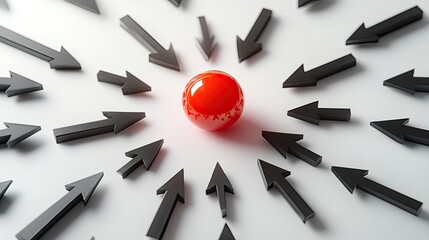 red Sphere Surrounded by Black Arrows on White Background