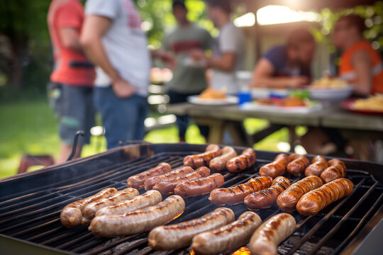 Sausages grilling on a barbecue during a summer outdoor party with friends and picnic atmosphere