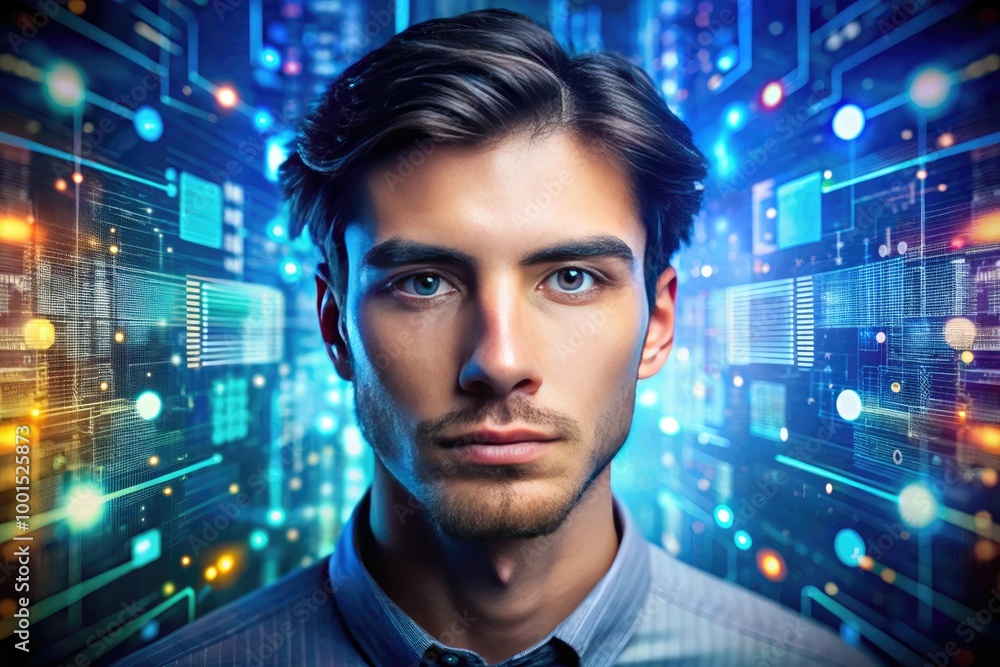 Poster diverse images representing concepts in computer science and technology for educational purposes