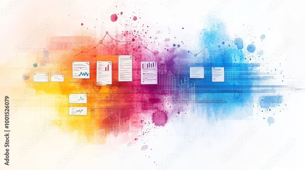 Aufkleber an abstract, colorful design featuring graphs and data visualizations against a vibrant background, 