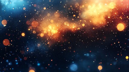 Abstract dark blue and orange background with bokeh lights and glitter.