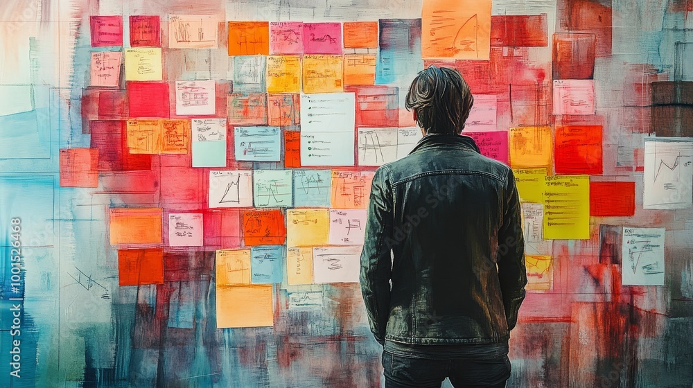 Poster a person stands in front of a colorful wall covered in sticky notes, reflecting on the ideas and tho