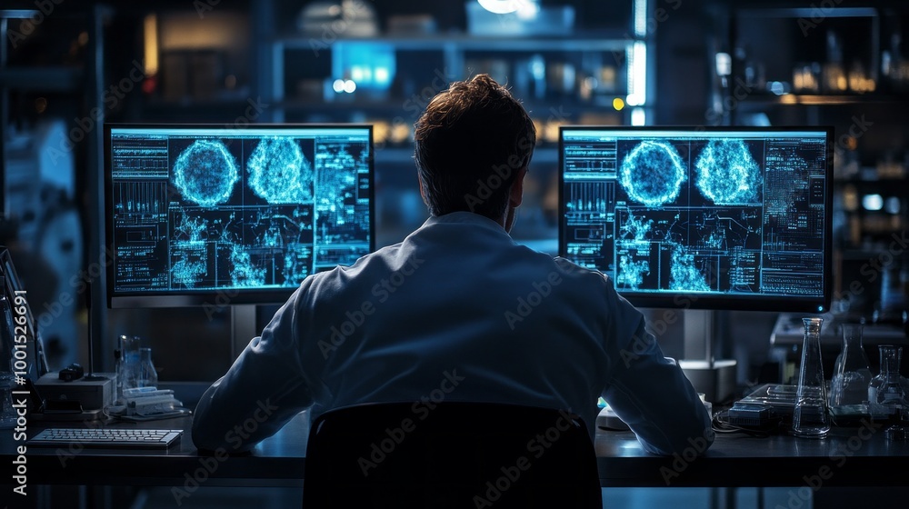 Poster a man is sitting in front of two computer monitors