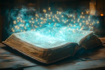 Old book with glowing letters flying out of its pages, magical atmosphere.
