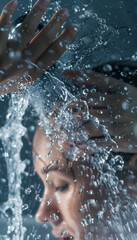 Obraz premium A woman washes her hair under a modern grey chrome water stream.
