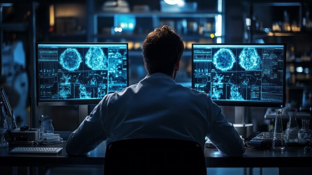A man is sitting in front of two computer monitors