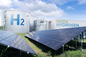 Hydrogen factory with energy storage concept. Green hydrogen production from renewable energy...