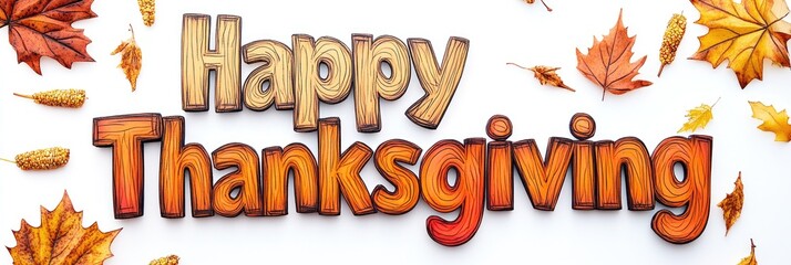 Happy Thanksgiving Typography with Autumn Leaves