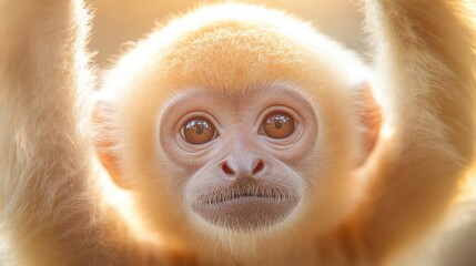 A baby monkey with a big head and a cute face