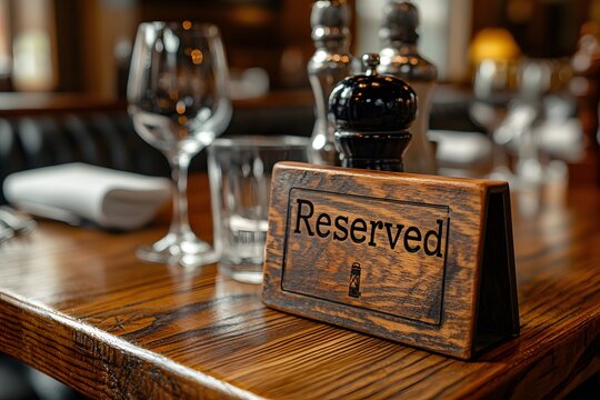 Wooden Reserved Card With Engraved Text, Placed On A Cozy Restaurant Table