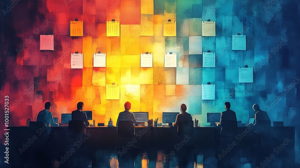 Aufkleber a vibrant workspace with individuals working at computers, illuminated by a colorful wall adorned wi