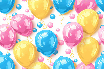 Colorful balloons for a cheerful party celebration with blue, pink, and yellow backgrounds