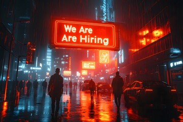 Neon We Are Hiring sign glowing in a cityscape.