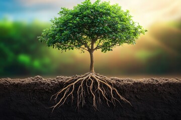 Tree with Exposed Roots Growing Deep into the Soil