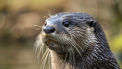 Close-up of a wet otter with water droplets on its whiskers