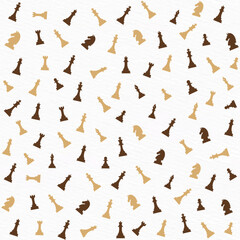 A scattered pattern of black and gold chess piece silhouettes on a white background, featuring various chess pieces in random orientations