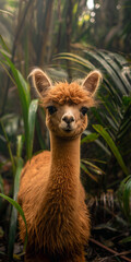 Fototapeta premium Brown alpaca with fur in jungle forest environment surrounded by green nature and wildlife