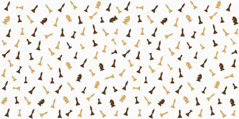 A scattered pattern of black and gold chess piece silhouettes on a white background, featuring various chess pieces in random orientations