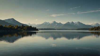 Calm landscape featuring a lake and distant mountains.