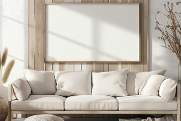 Elegant minimalist living room design with white sofa, cushions, and frame in bright neutral decor