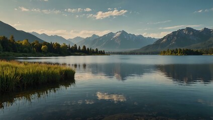 Calm landscape featuring a lake and distant mountains.