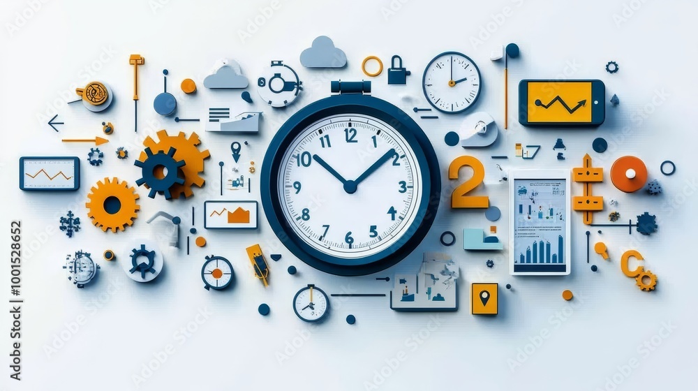 Poster a colorful collage featuring a clock surrounded by various icons representing time management, analy