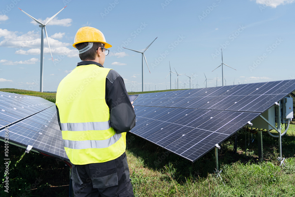 Aufkleber engineer with digital tablet on a background of solar panels
