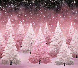 Pink Christmas trees and starry night background