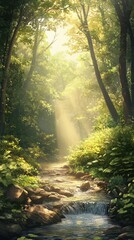 Obraz premium Lush trees and a soft stream create a peaceful atmosphere in the vibrant forest
