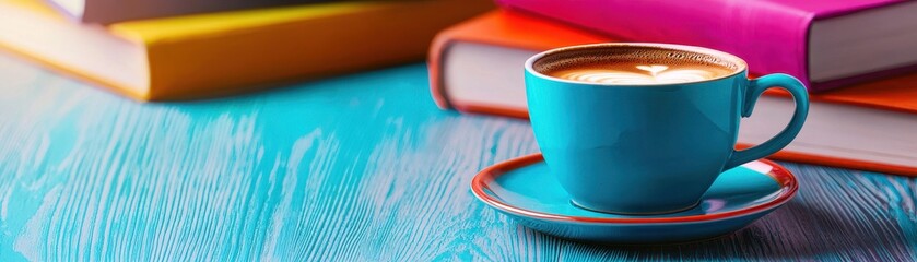 Coffee cup on a colorful book stack with a vibrant background.