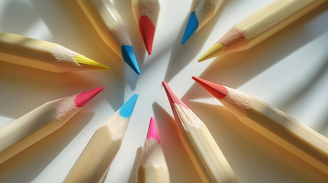 Colored pencils arranged in a circle showcasing vibrant, sharpened wooden art supplies