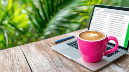 Laptop with pink coffee cup on wooden table, surrounded by greenery